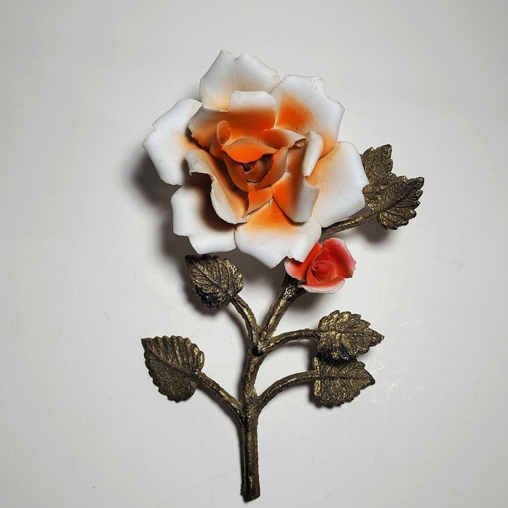 ITALIAN Capodimonte Porcelain Rose Figure with a Brass Stem Leaves Figurine